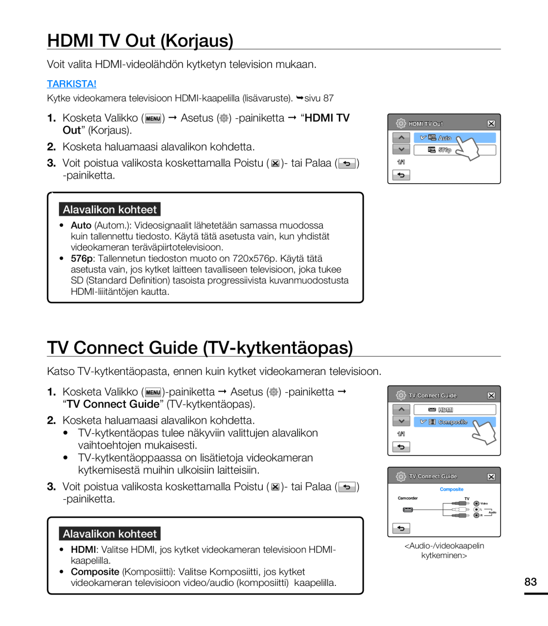 Samsung HMX-T10BP/EDC, HMX-T10WP/EDC manual HDMI TV Out Korjaus, TV Connect Guide TV-kytkentäopas, Alavalikon kohteet 