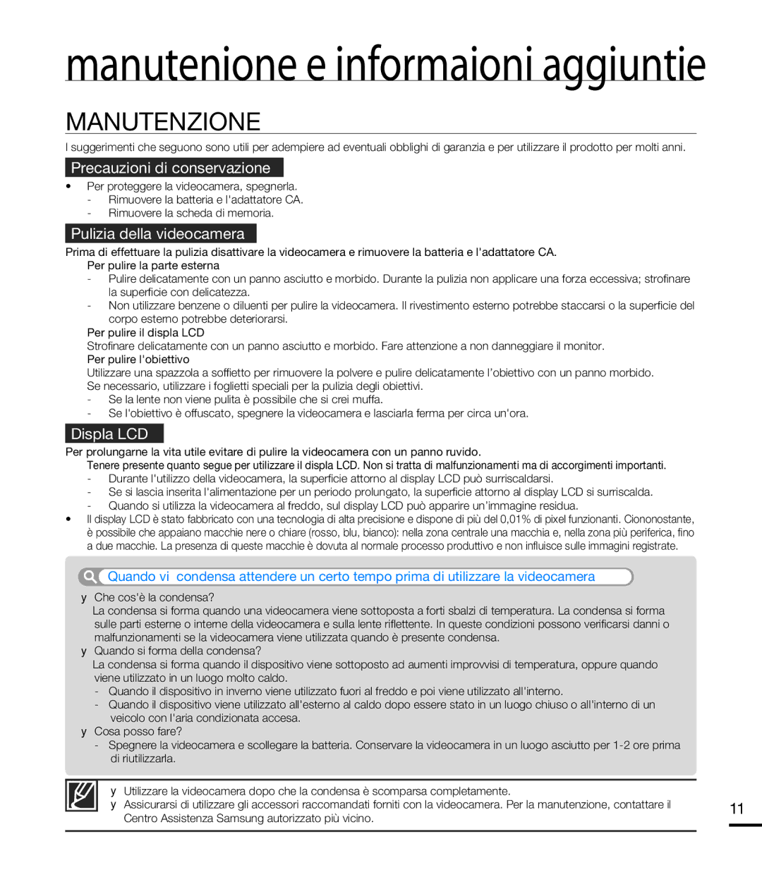 Samsung HMX-T10BP/MEA manual Manutenzione, Precauzioni di conservazione, Pulizia della videocamera, Display LCD, 113 