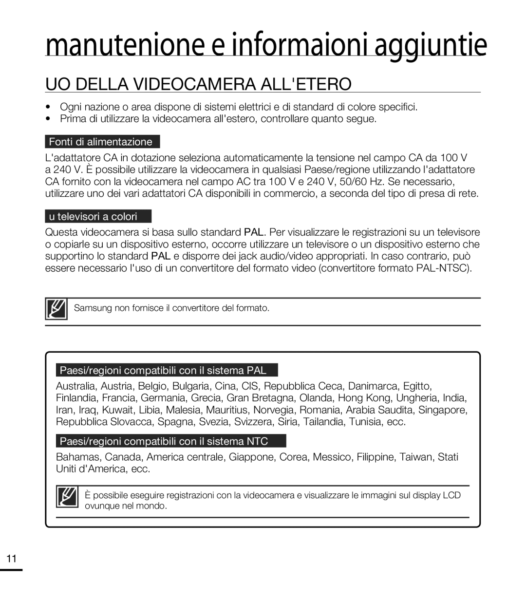 Samsung HMX-T10WP/EDC, HMX-T10OP/EDC manual USO Della Videocamera Allestero, Fonti di alimentazione, Su televisori a colori 