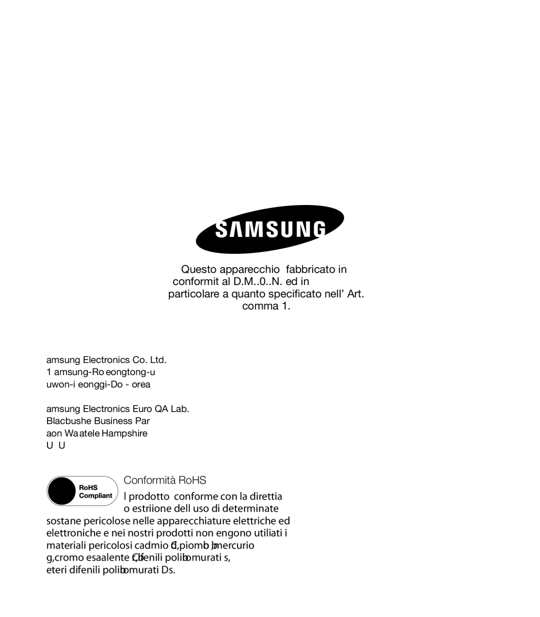 Samsung HMX-T10BP/MEA, HMX-T10WP/EDC, HMX-T10OP/EDC, HMX-T10BP/EDC manual Conformità RoHS 