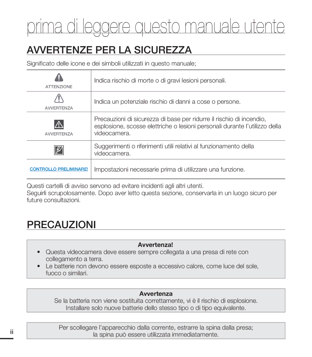 Samsung HMX-T10BP/EDC Avvertenze PER LA Sicurezza, Precauzioni, Indica un potenziale rischio di danni a cose o persone 