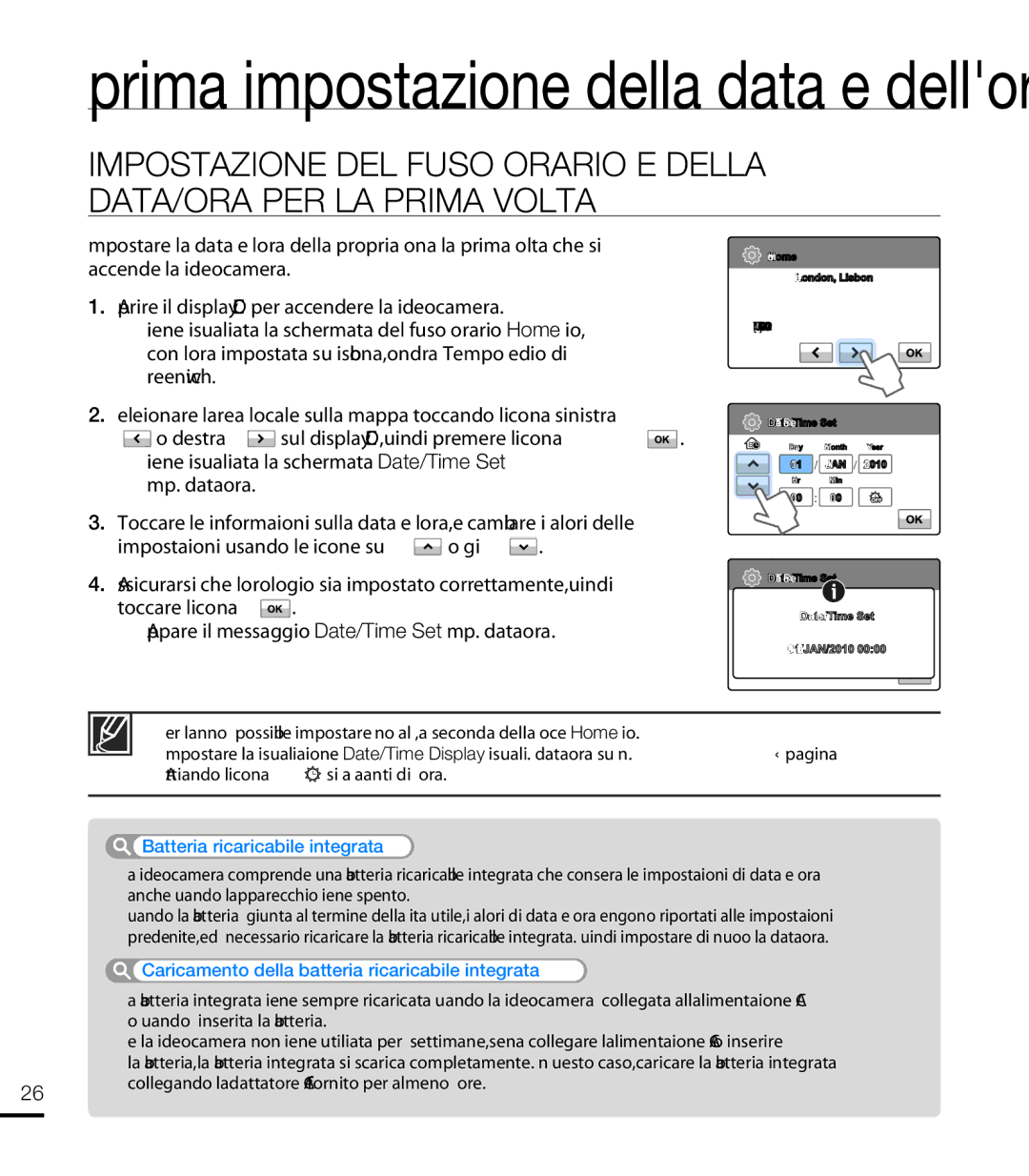 Samsung HMX-T10WP/EDC manual Prima impostazione della data e dellora, Collegando ladattatore CA fornito per almeno 24 ore 