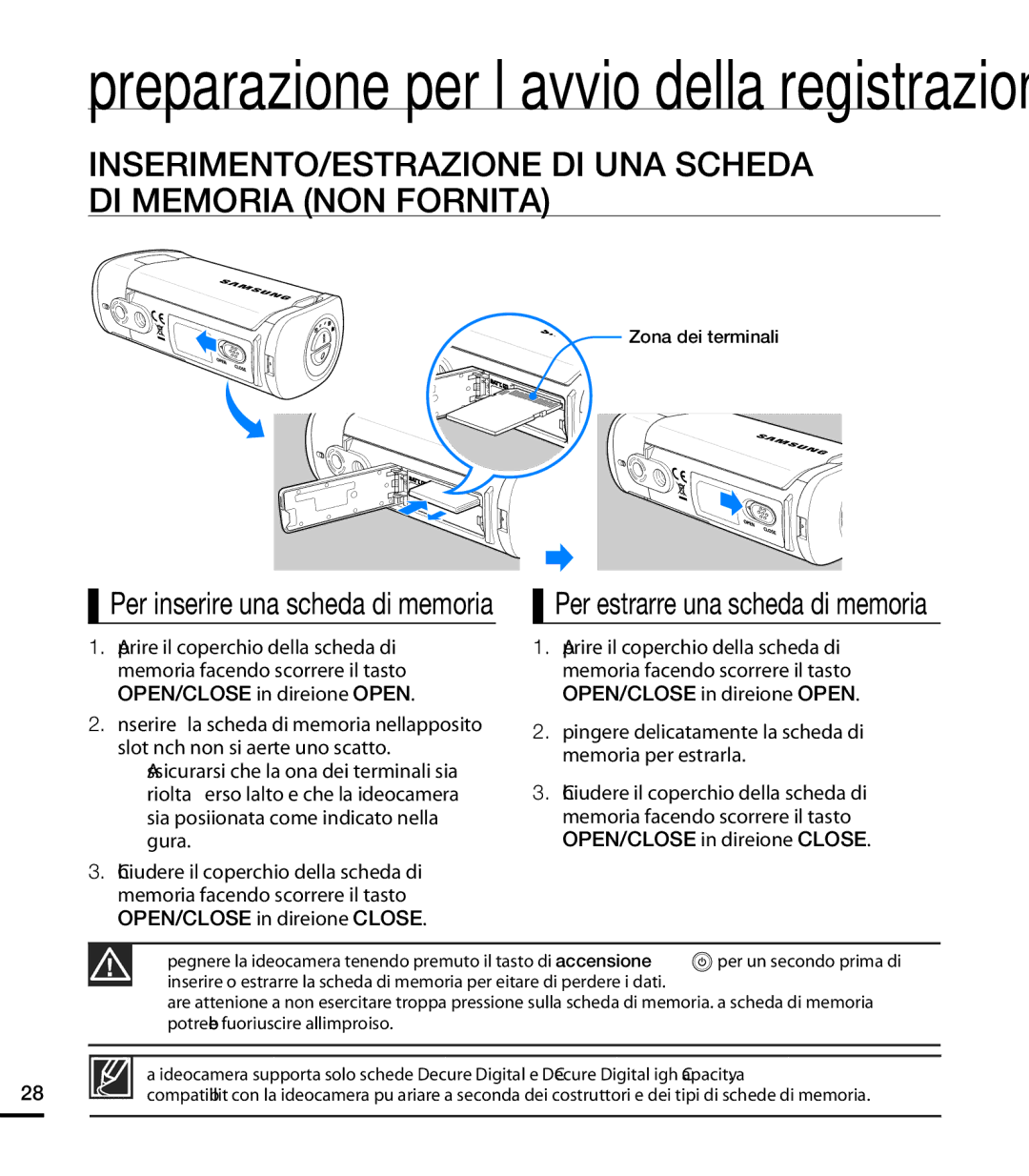 Samsung HMX-T10BP/EDC, HMX-T10WP/EDC manual INSERIMENTO/ESTRAZIONE DI UNA Scheda DI Memoria NON Fornita, Zona dei terminali 