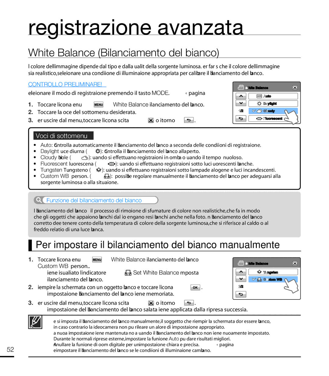 Samsung HMX-T10BP/EDC White Balance Bilanciamento del bianco, Per impostare il bilanciamento del bianco manualmente 