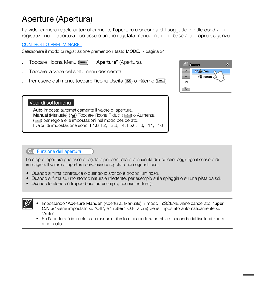 Samsung HMX-T10BP/MEA manual Aperture Apertura, Auto Imposta automaticamente il valore di apertura, Funzione dellapertura 