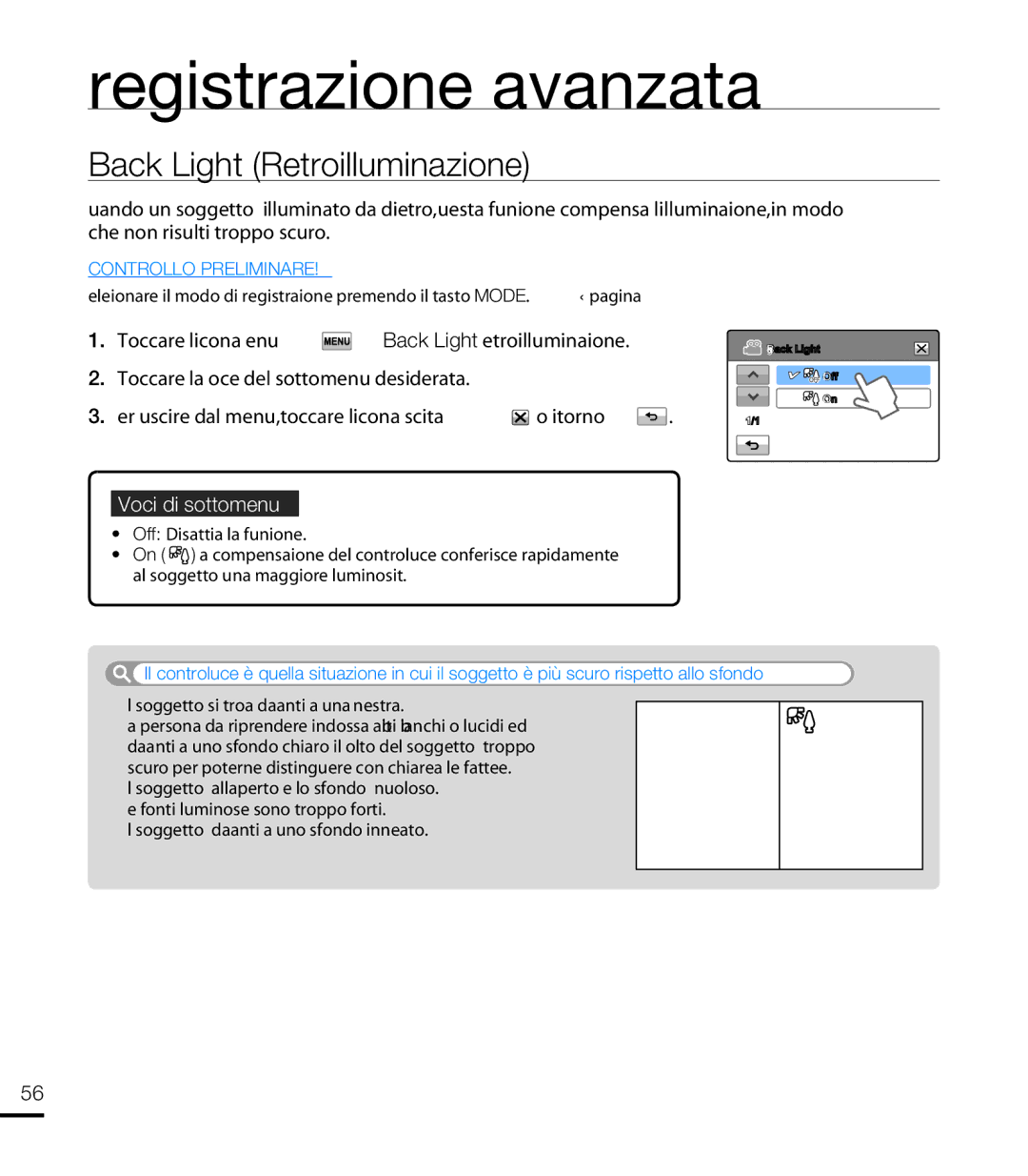 Samsung HMX-T10BP/EDC, HMX-T10WP/EDC manual Back Light Retroilluminazione, Il soggetto si trova davanti a una ﬁ nestra 