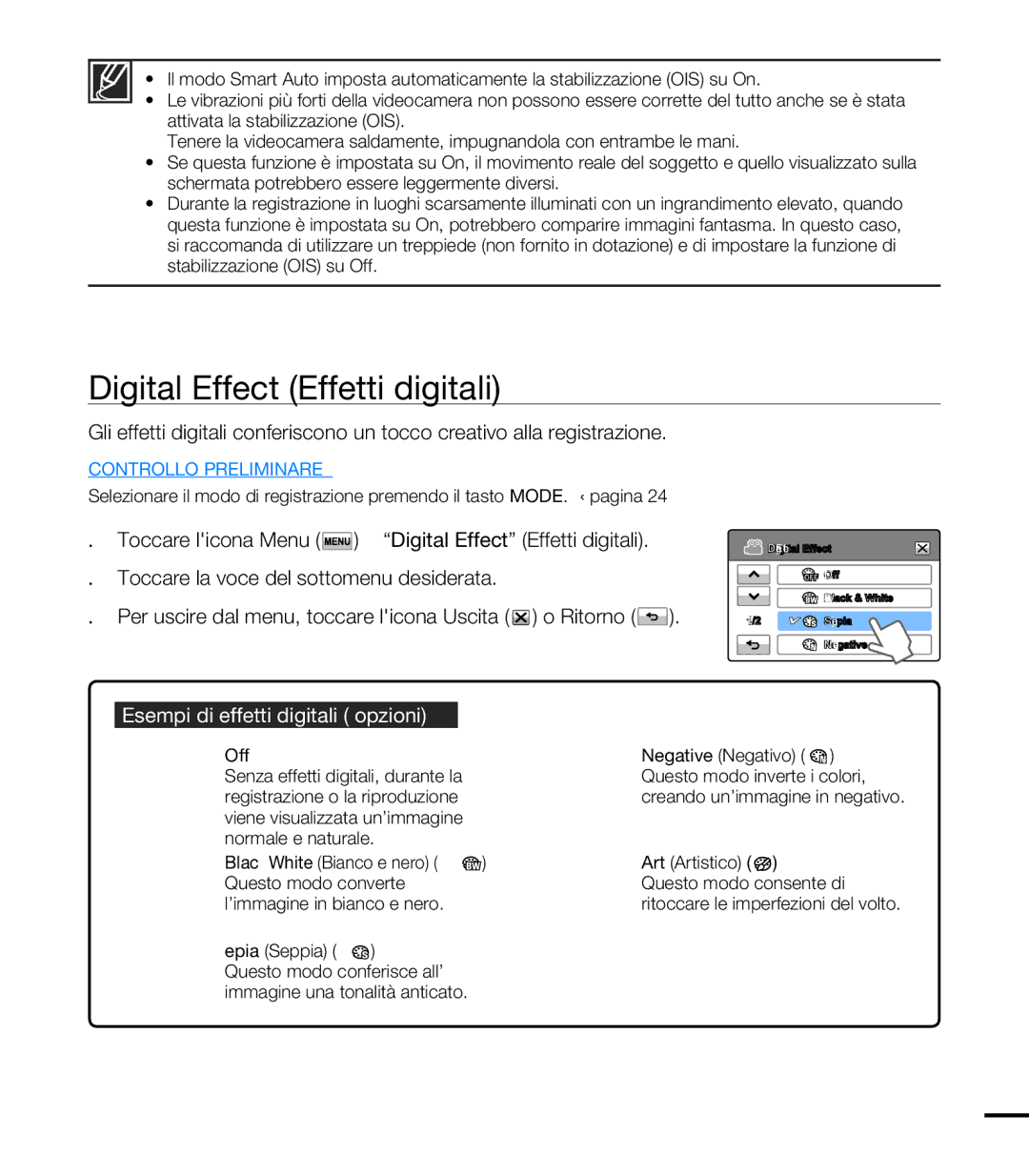 Samsung HMX-T10OP/EDC, HMX-T10WP/EDC manual Digital Effect Effetti digitali, Esempi di effetti digitali 5 opzioni, Off 