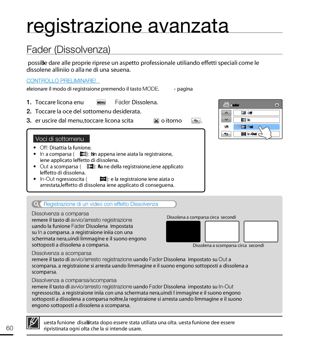 Samsung HMX-T10BP/EDC manual Fader Dissolvenza, Registrazione di un video con effetto Dissolvenza, Dissolvenza a comparsa 