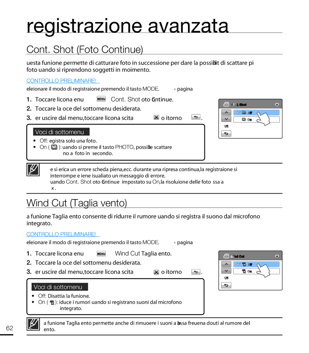 Samsung HMX-T10WP/EDC, HMX-T10OP/EDC, HMX-T10BP/EDC, HMX-T10BP/MEA manual Cont. Shot Foto Continue, Wind Cut Taglia vento 