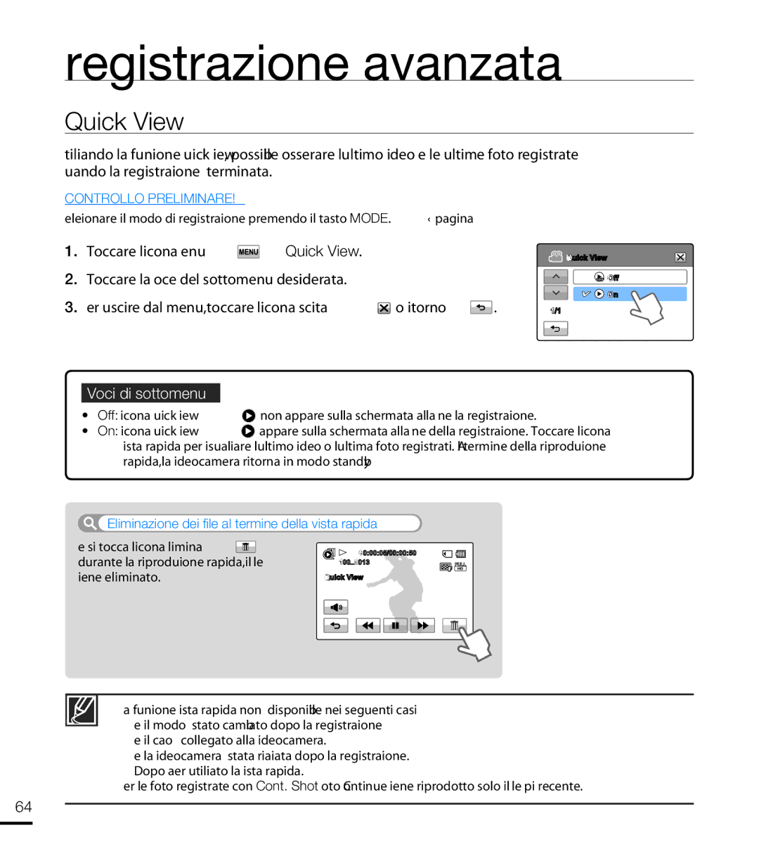 Samsung HMX-T10BP/EDC, HMX-T10WP/EDC, HMX-T10OP/EDC manual Quick View, Eliminazione dei file al termine della vista rapida 