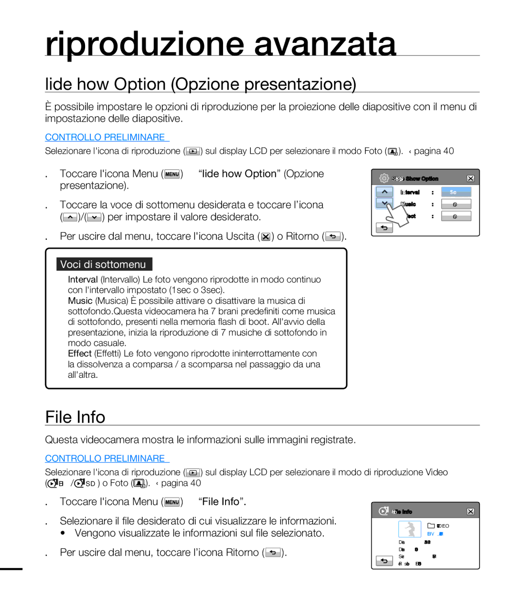 Samsung HMX-T10BP/EDC, HMX-T10WP/EDC, HMX-T10OP/EDC, HMX-T10BP/MEA manual Slide Show Option Opzione presentazione, File Info 