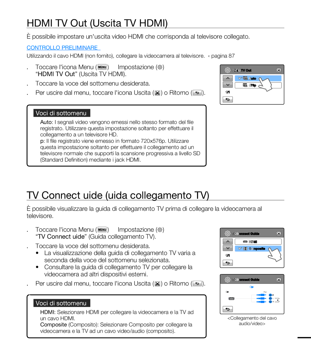 Samsung HMX-T10OP/EDC, HMX-T10WP/EDC, HMX-T10BP/EDC manual Hdmi TV Out Uscita TV Hdmi, TV Connect Guide Guida collegamento TV 