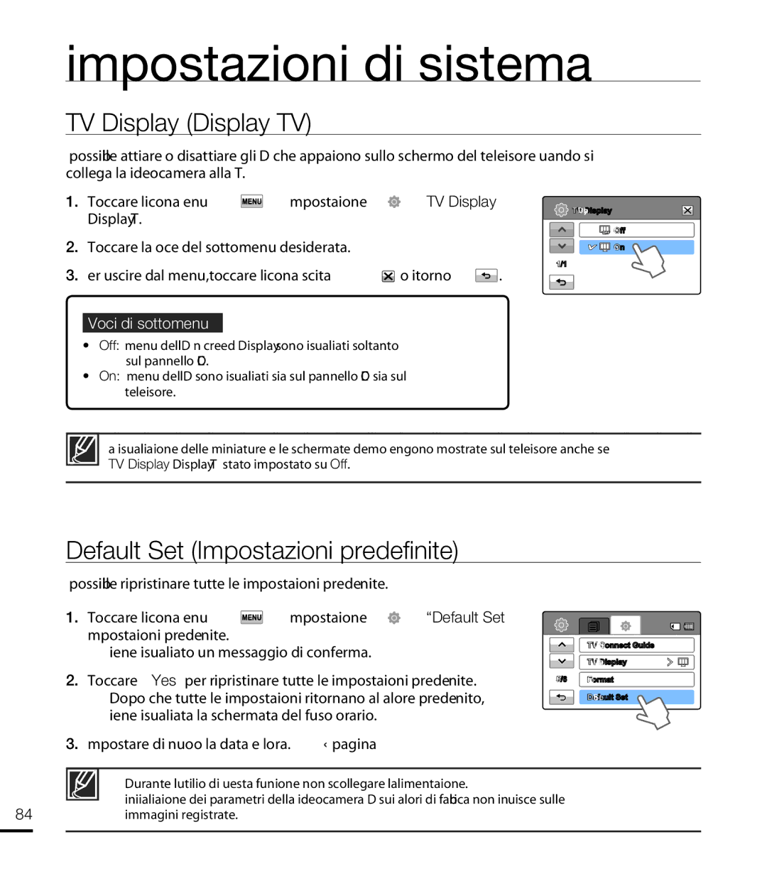 Samsung HMX-T10BP/EDC, HMX-T10WP/EDC, HMX-T10OP/EDC manual TV Display Display TV, Default Set Impostazioni predefinite 