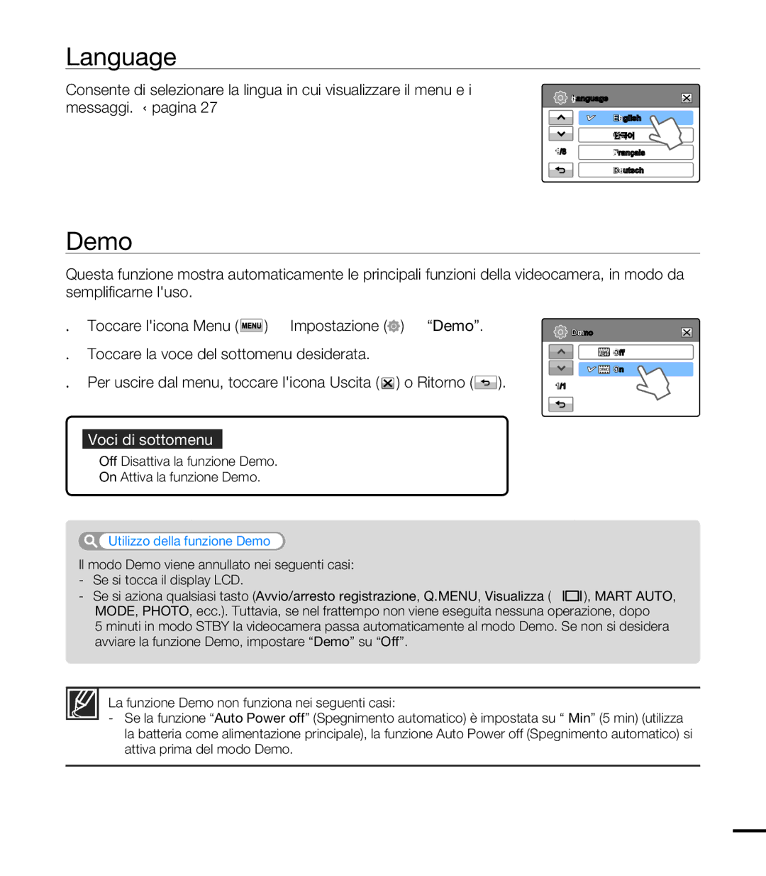 Samsung HMX-T10BP/MEA, HMX-T10WP/EDC, HMX-T10OP/EDC Language, Off Disattiva la funzione Demo On Attiva la funzione Demo 