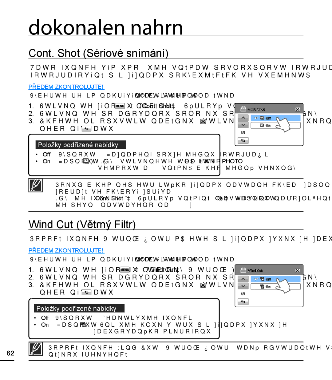 Samsung HMX-T10BP/EDC, HMX-T10WP/EDC, HMX-T10OP/EDC manual Cont. Shot Sériové snímání, Wind Cut Větrný Filtr 