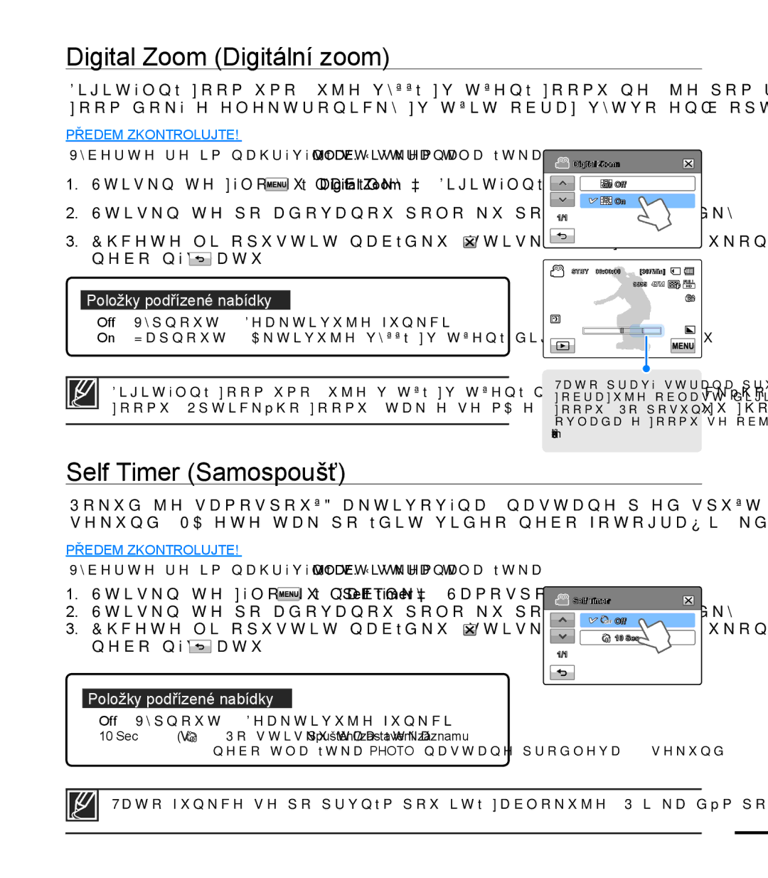 Samsung HMX-T10WP/EDC, HMX-T10OP/EDC, HMX-T10BP/EDC manual Digital Zoom Digitální zoom, Self Timer Samospoušť 