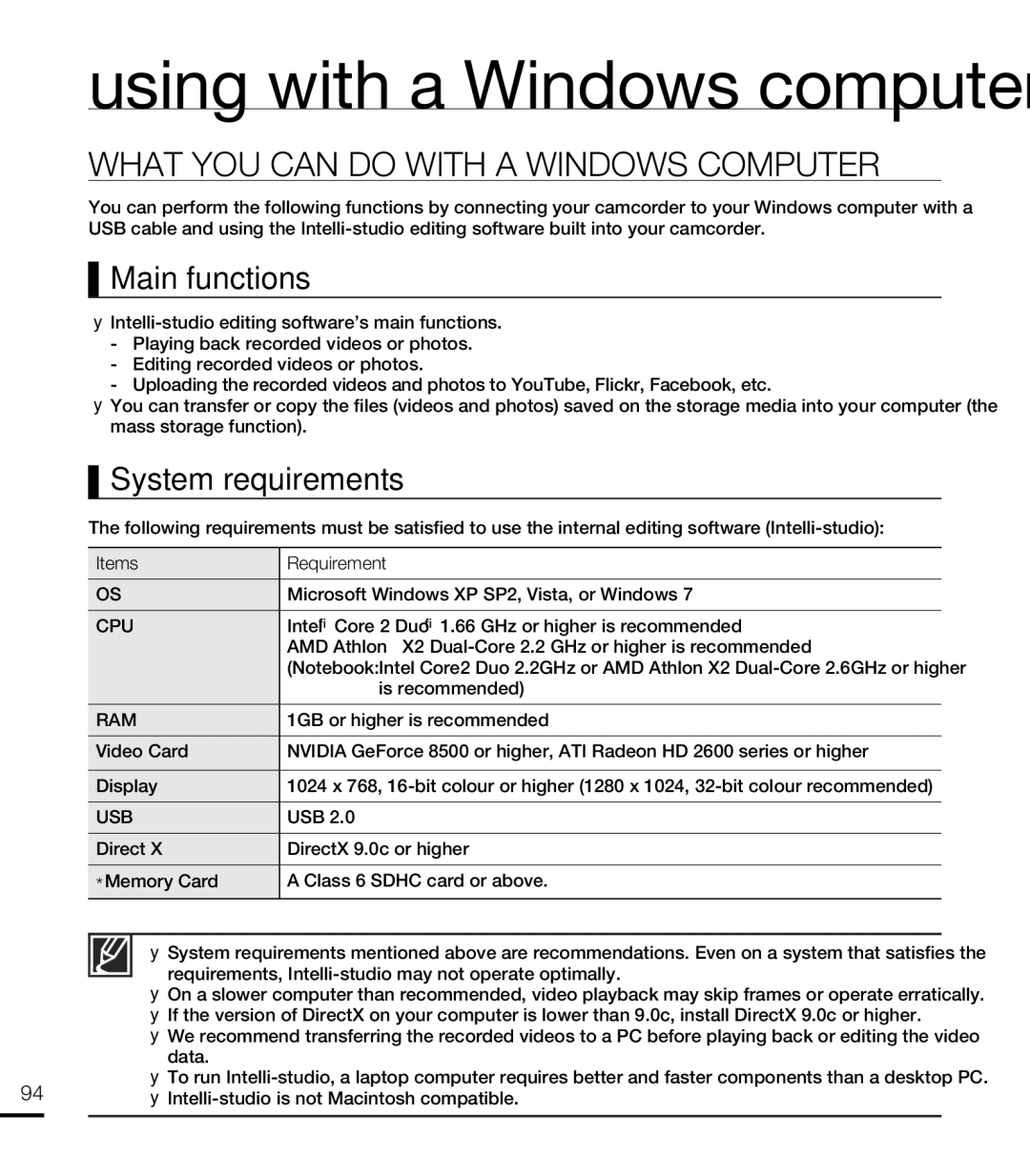 Samsung HMX-T10BP/MEA, HMX-T10WP/EDC manual What YOU can do with a Windows Computer, Main functions, System requirements 