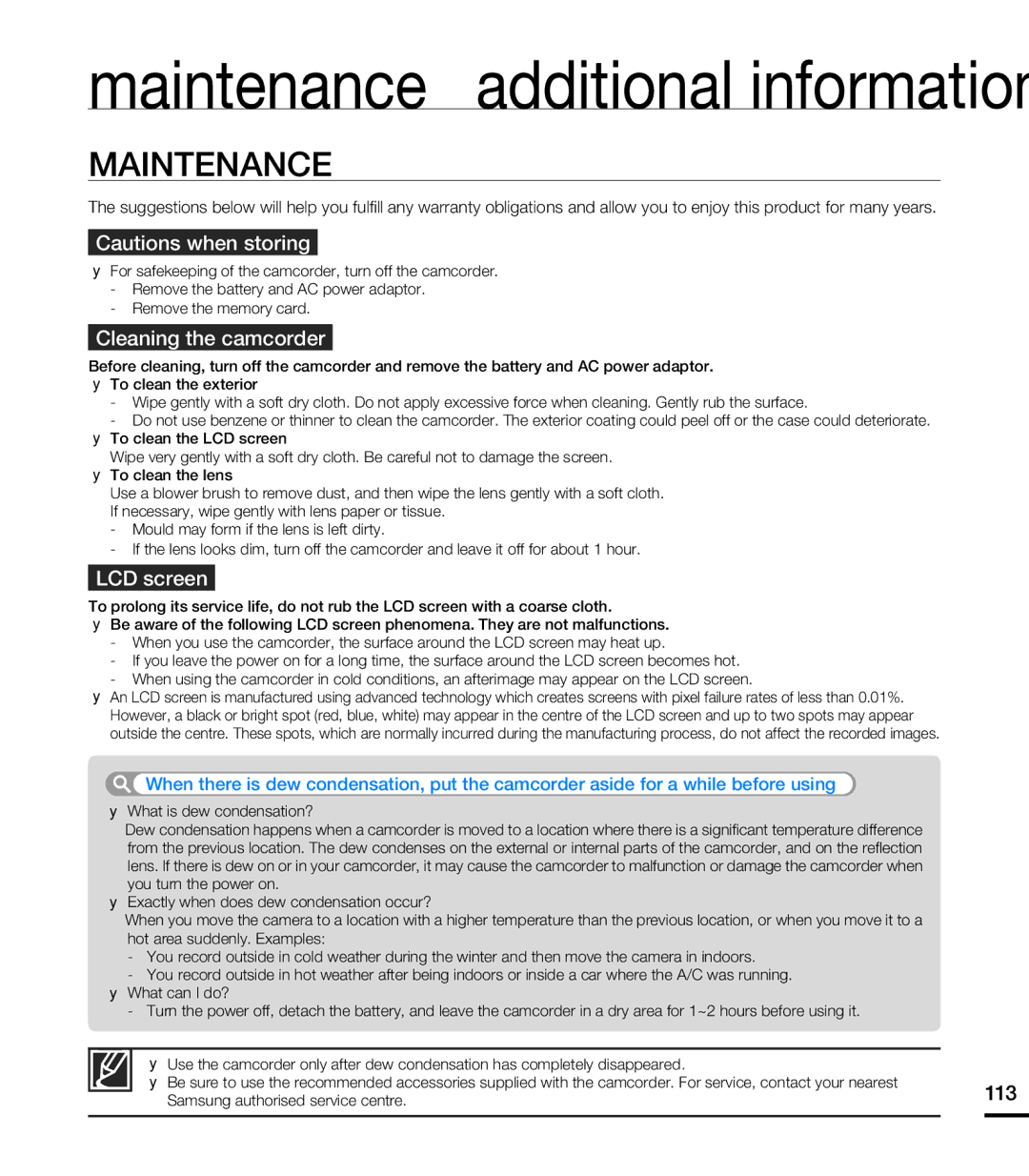 Samsung HMX-T10OP/XIL, HMX-T10WP/EDC, HMX-T10OP/EDC, HMX-T10WP/XEU manual Maintenance, Cleaning the camcorder, LCD screen, 113 