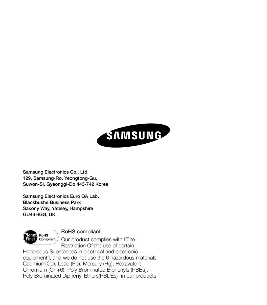 Samsung HMX-T10BP/EDC, HMX-T10WP/EDC, HMX-T10OP/EDC, HMX-T10WP/XEU, HMX-T10BP/MEA, HMX-T10BP/XER, HMX-T10OP/XER RoHS compliant 