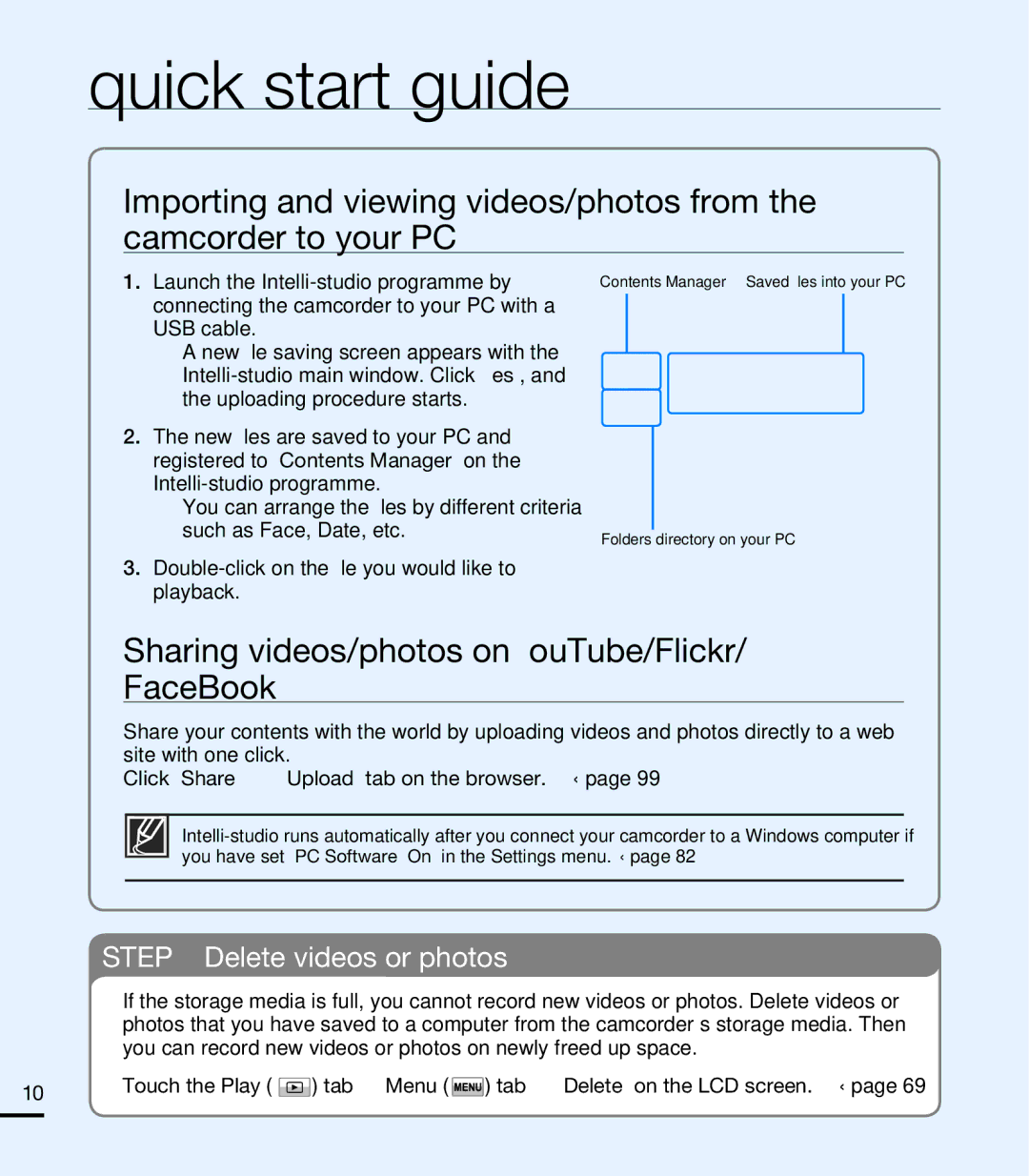 Samsung HMX-T10BP/MEA, HMX-T10WP/EDC manual Sharing videos/photos on YouTube/Flickr FaceBook, Delete videos or photos 