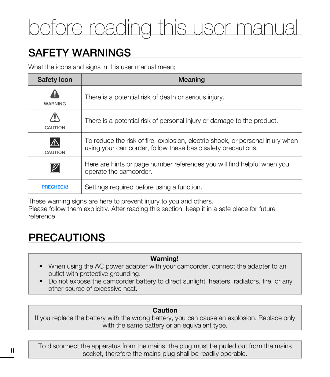 Samsung HMX-T10WP/XEU, HMX-T10WP/EDC, HMX-T10OP/EDC, HMX-T10BP/EDC, HMX-T10BP/MEA, HMX-T10BP/XER Safety Warnings, Precautions 