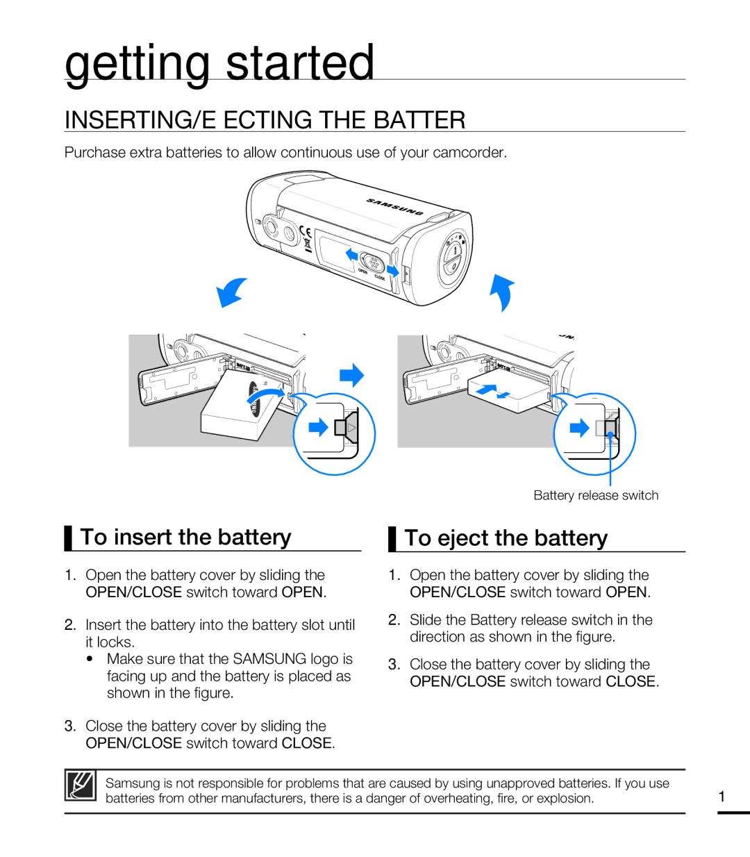 Samsung HMX-T10OP/XIL manual Getting started, INSERTING/EJECTING the Battery, To insert the battery To eject the battery 