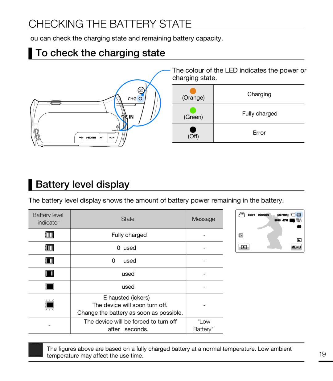 Samsung HMX-T10OP/EDC, HMX-T10WP/EDC manual Checking the Battery State, To check the charging state, Battery level display 