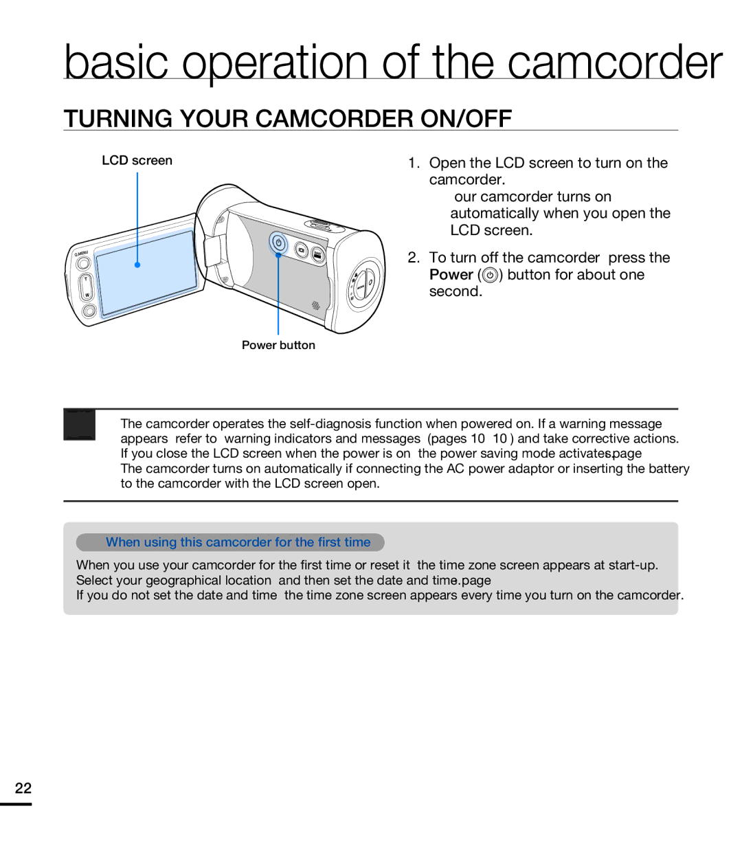 Samsung HMX-T10BP/MEA, HMX-T10WP/EDC, HMX-T10OP/EDC, HMX-T10WP/XEU, HMX-T10BP/EDC, HMX-T10BP/XER Turning Your Camcorder ON/OFF 