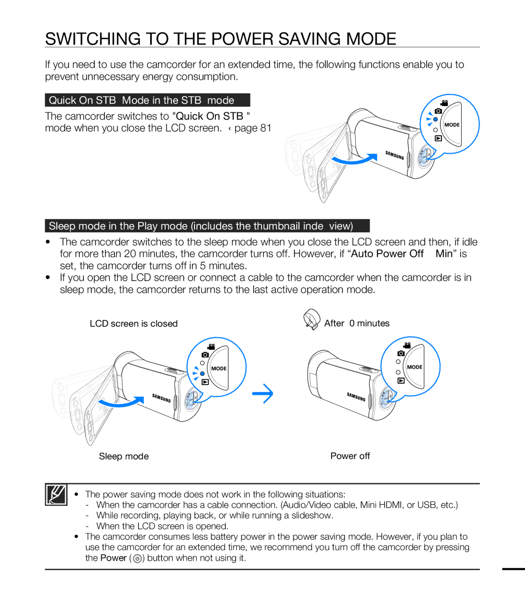 Samsung HMX-T10BP/XER, HMX-T10WP/EDC, HMX-T10OP/EDC Switching to the Power Saving Mode, Quick On Stby Mode in the Stby mode 