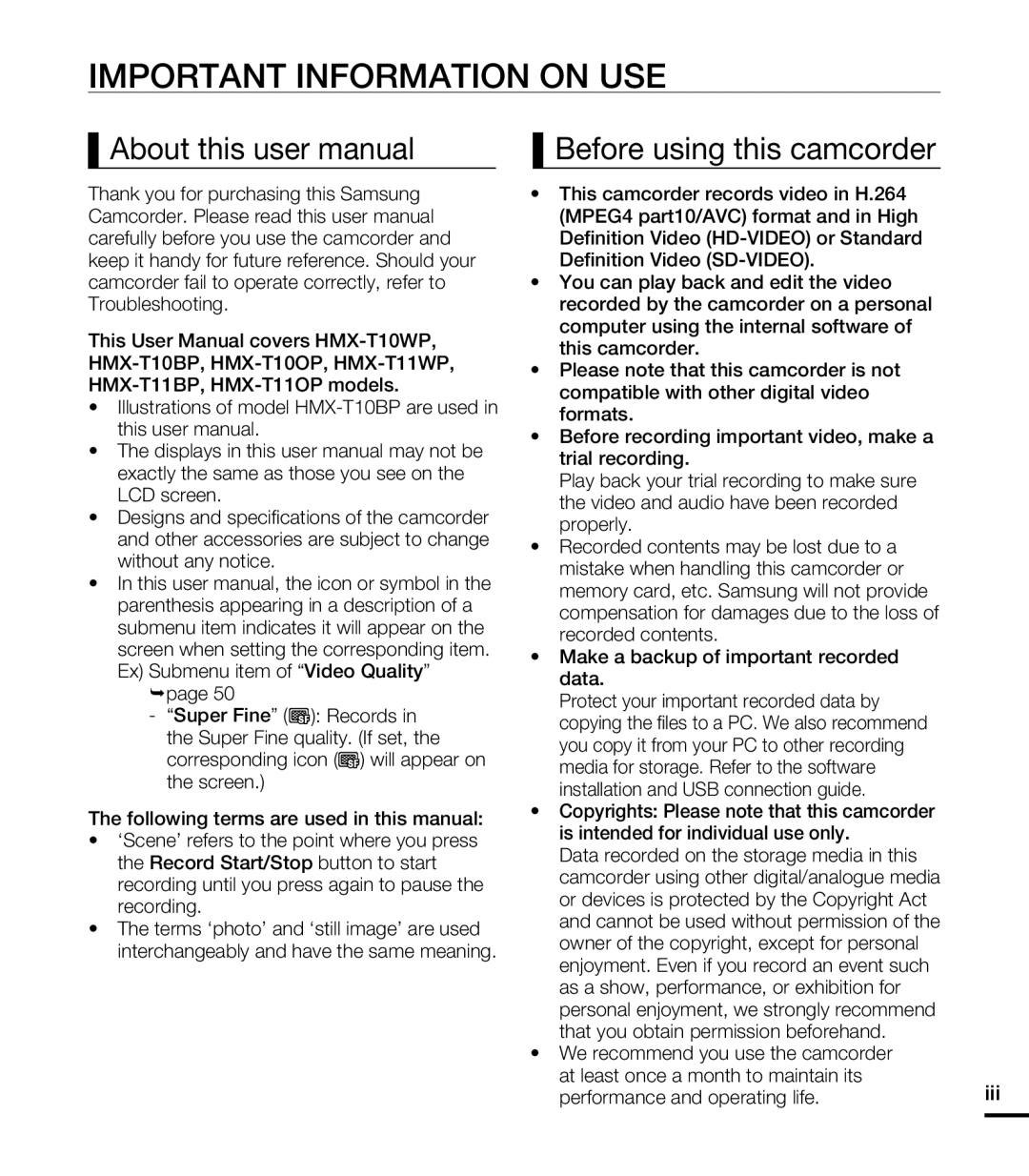 Samsung HMX-T10BP/EDC, HMX-T10WP/EDC, HMX-T10OP/EDC manual Important Information on USE, Before using this camcorder, Iii 