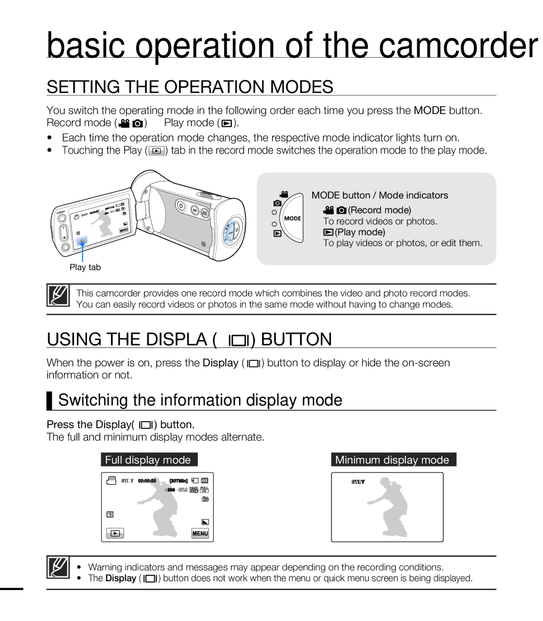 Samsung HMX-T10OP/XER manual Setting the Operation Modes, Using the Display Button, Switching the information display mode 