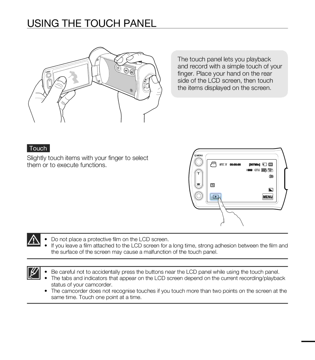 Samsung HMX-T10WP/XER, HMX-T10WP/EDC, HMX-T10OP/EDC, HMX-T10WP/XEU, HMX-T10BP/EDC, HMX-T10BP/MEA manual Using the Touch Panel 