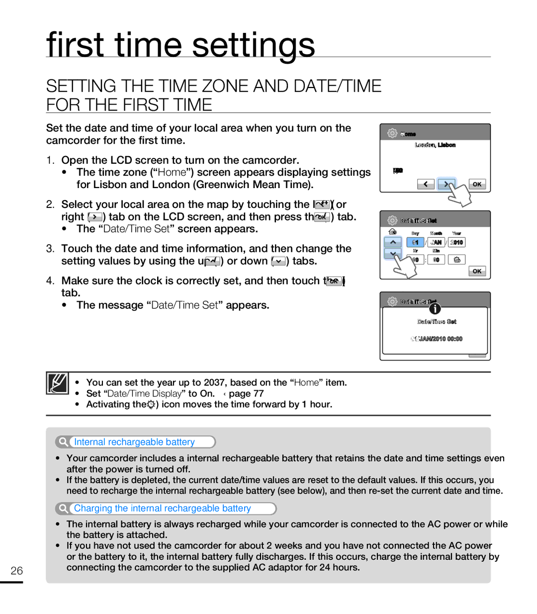 Samsung HMX-T10BP/XIL, HMX-T10WP/EDC manual Rst time settings, Setting the Time Zone and DATE/TIME for the First Time 