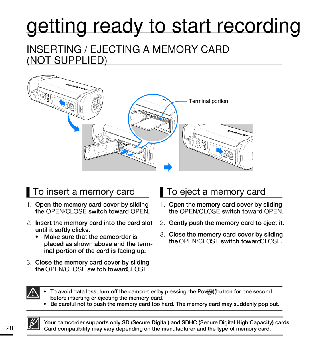 Samsung HMX-T10WP/XTR Getting ready to start recording, Inserting / Ejecting a Memory Card not Supplied, Terminal portion 