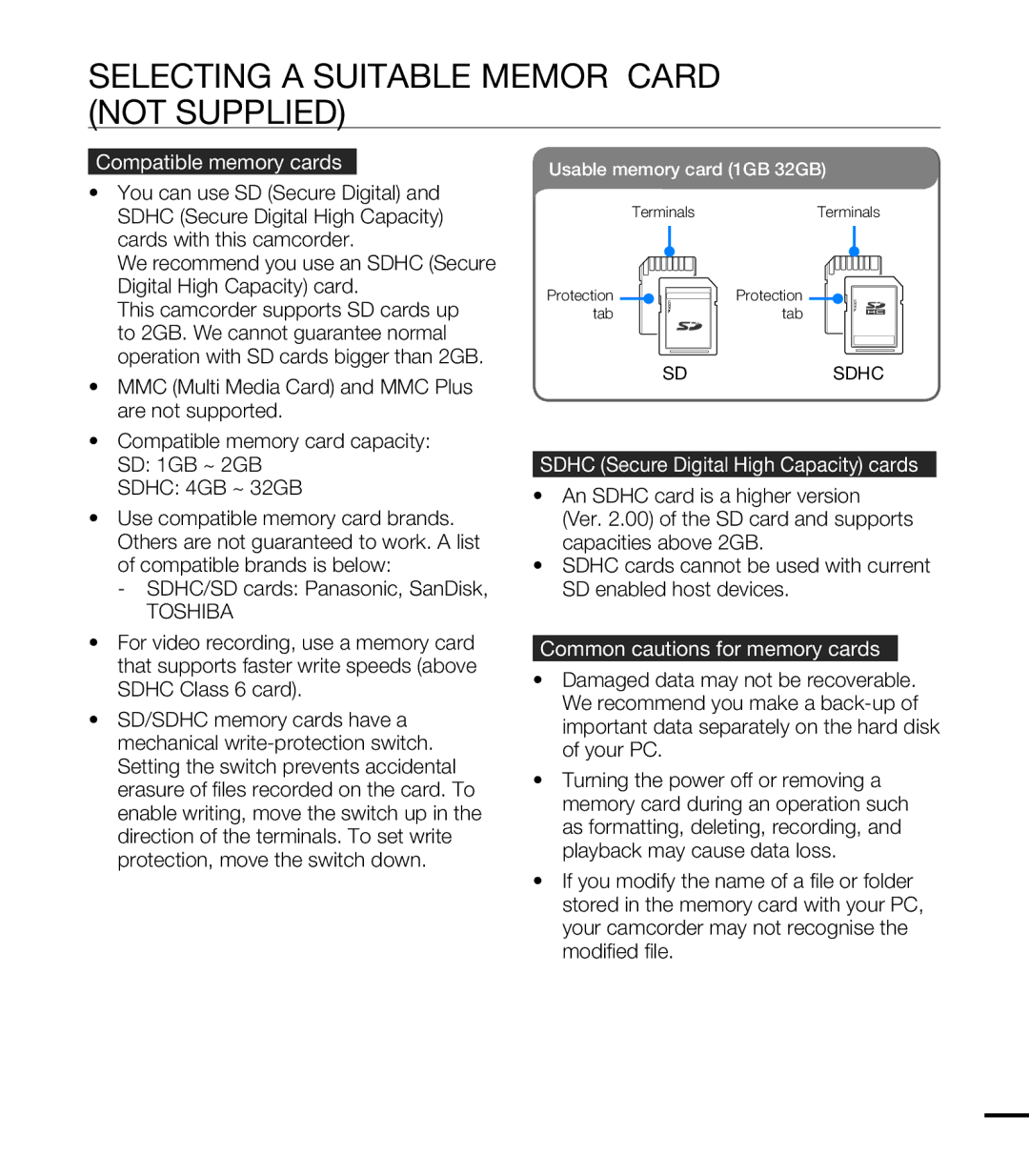 Samsung HMX-T10OP/XIL, HMX-T10WP/EDC, HMX-T10OP/EDC Selecting a Suitable Memory Card not Supplied, Compatible memory cards 