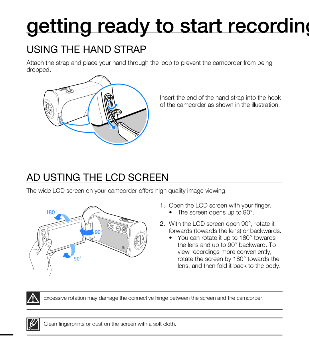 Samsung HMX-T10WP/XEU manual Using the Hand Strap, Adjusting the LCD Screen, Insert the end of the hand strap into the hook 