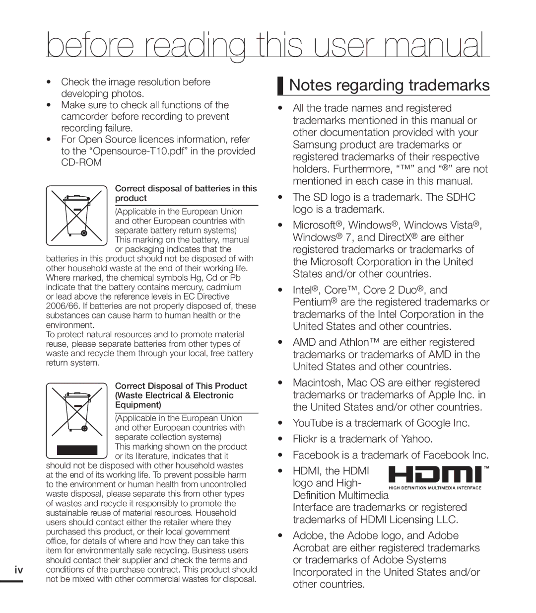 Samsung HMX-T10BP/MEA SD logo is a trademark. The Sdhc logo is a trademark, Correct disposal of batteries in this product 