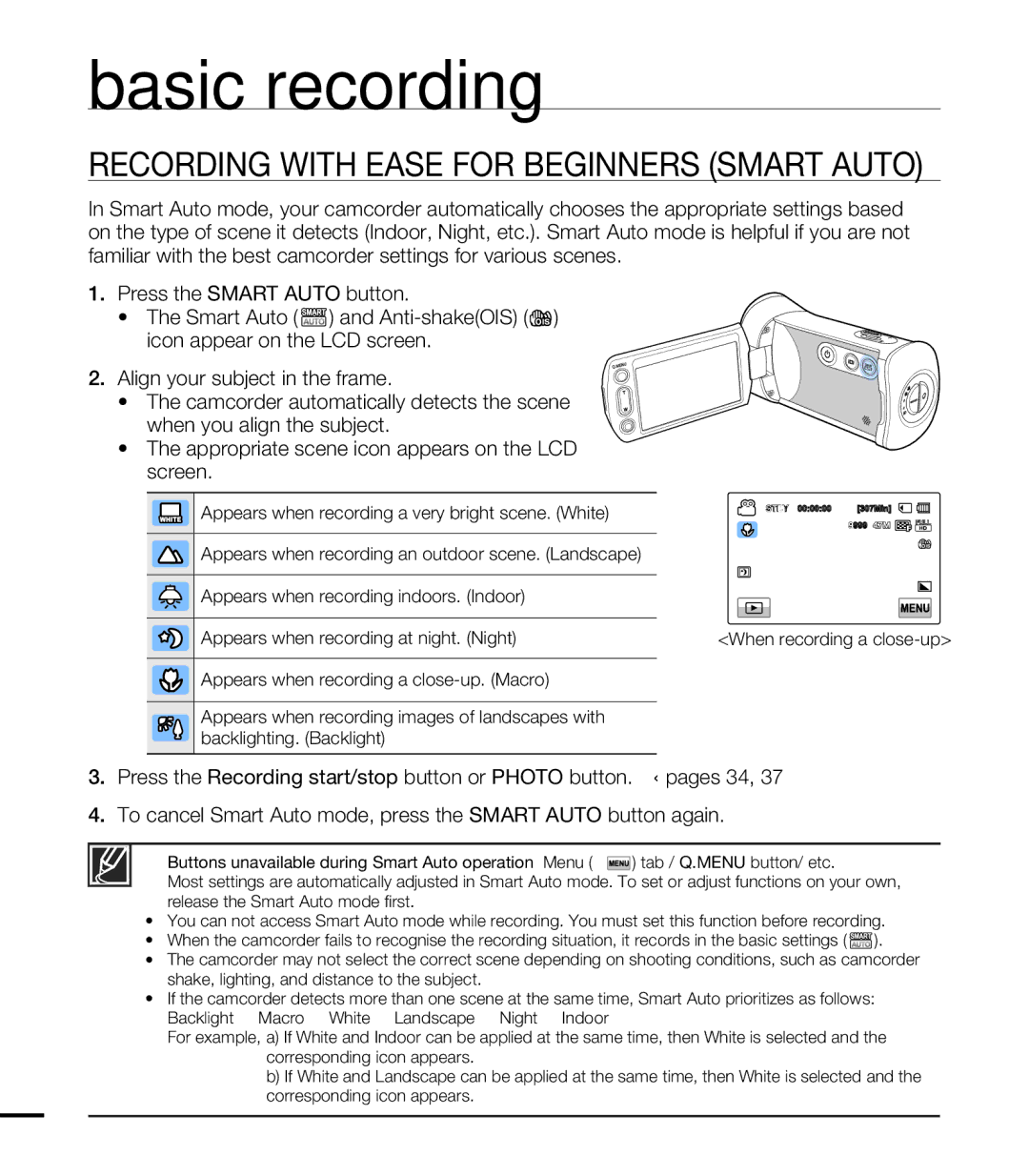 Samsung HMX-T10BP/XIL Recording with Ease for Beginners Smart Auto, When recording a close-up, Corresponding icon appears 