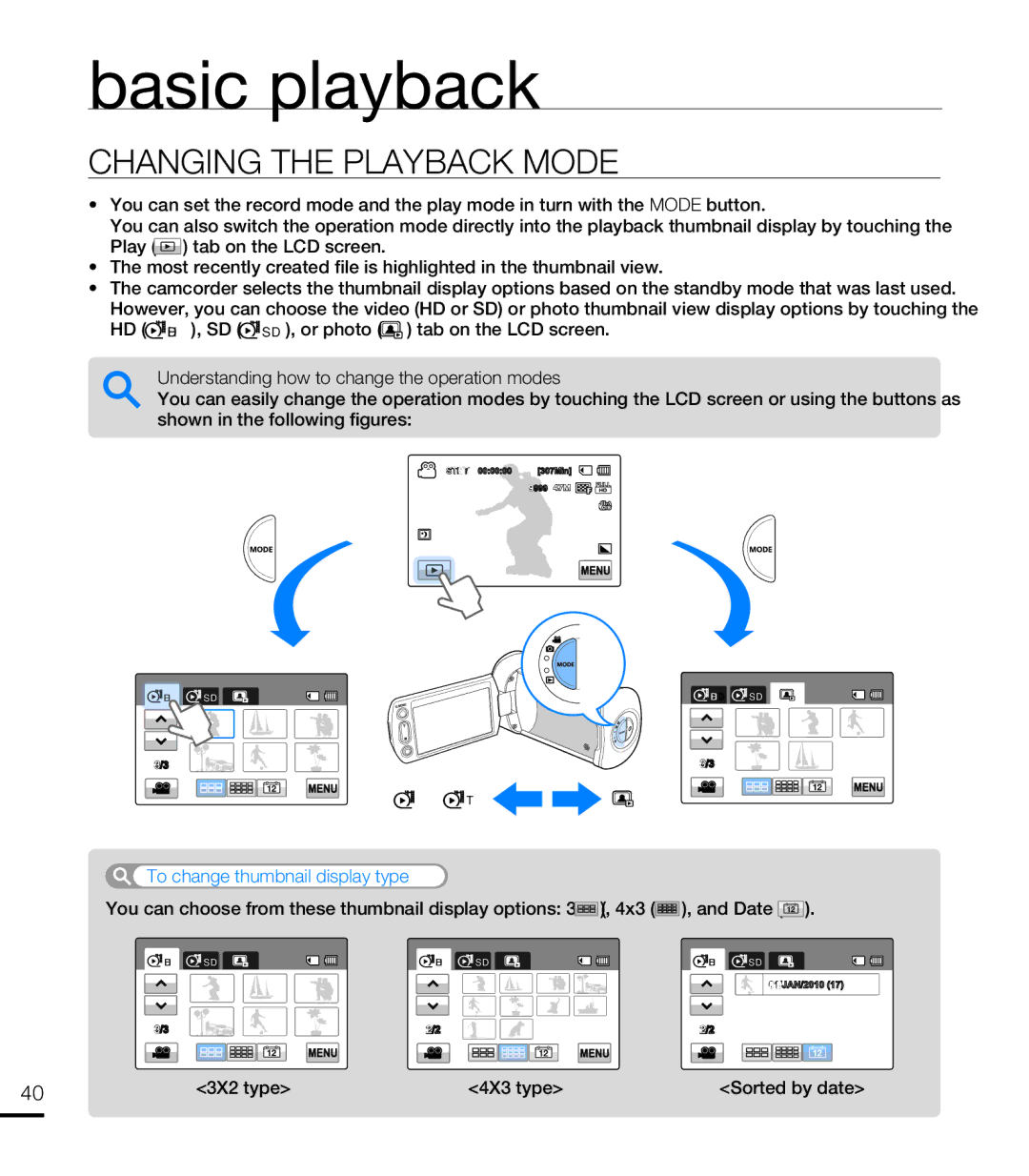 Samsung HMX-T10WP/XTR Basic playback, Changing the Playback Mode, To change thumbnail display type, 3X2 type 4X3 type 