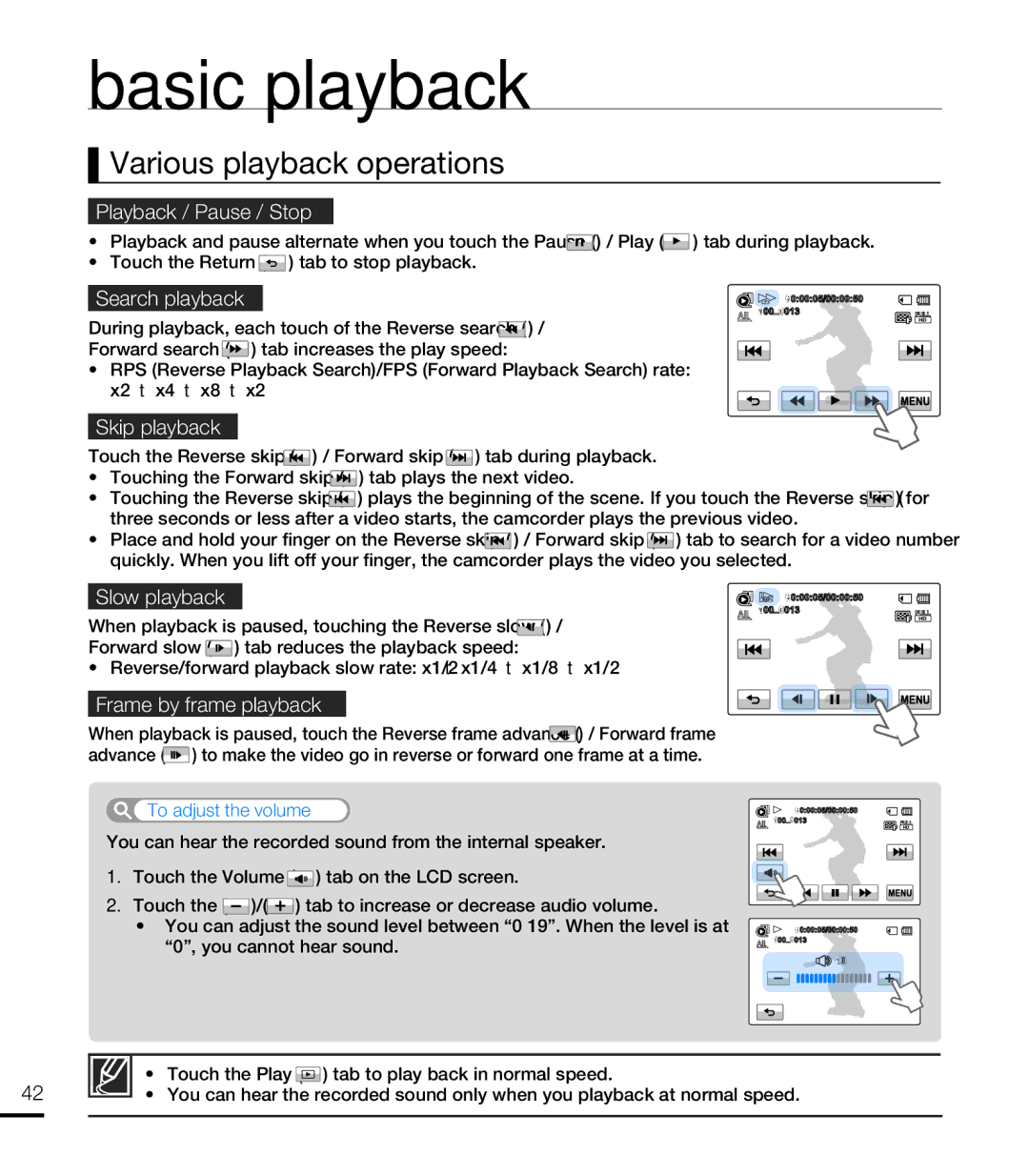 Samsung HMX-T10WP/EDC, HMX-T10OP/EDC Various playback operations, Playback / Pause / Stop, Skip playback, Slow playback 