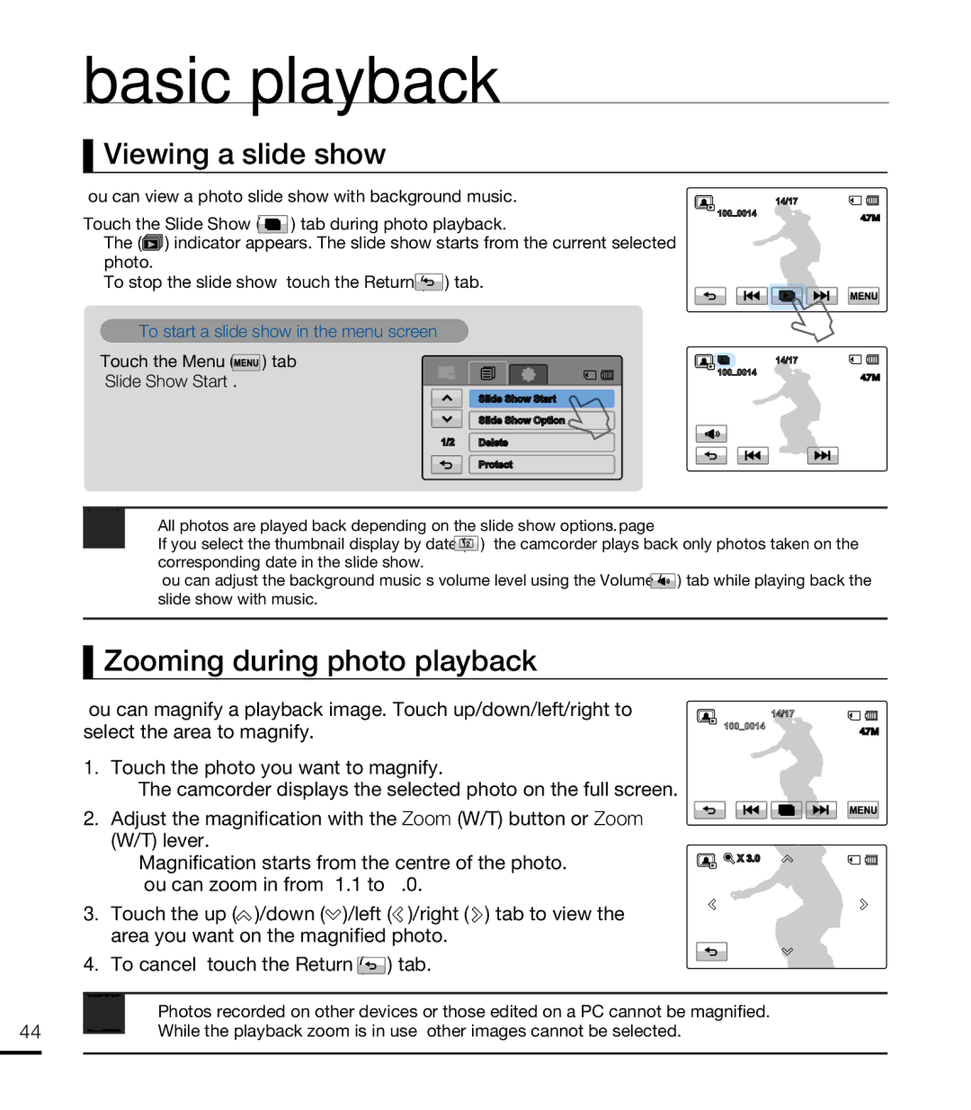 Samsung HMX-T10WP/XEU manual Viewing a slide show, Zooming during photo playback, To start a slide show in the menu screen 