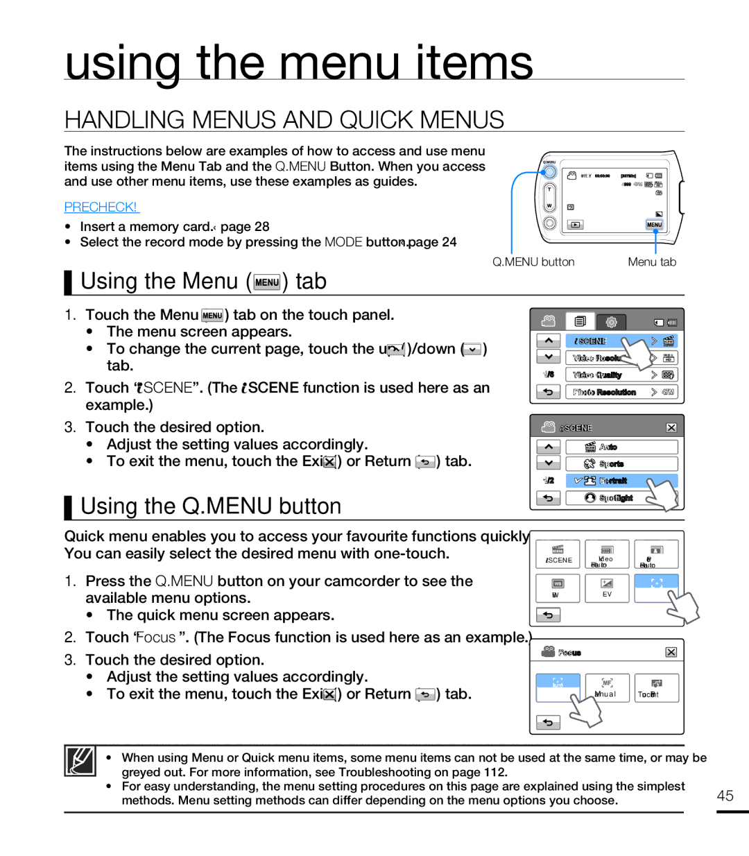 Samsung HMX-T10BP/EDC Using the menu items, Handling Menus and Quick Menus, Using the Menu tab, Using the Q.MENU button 