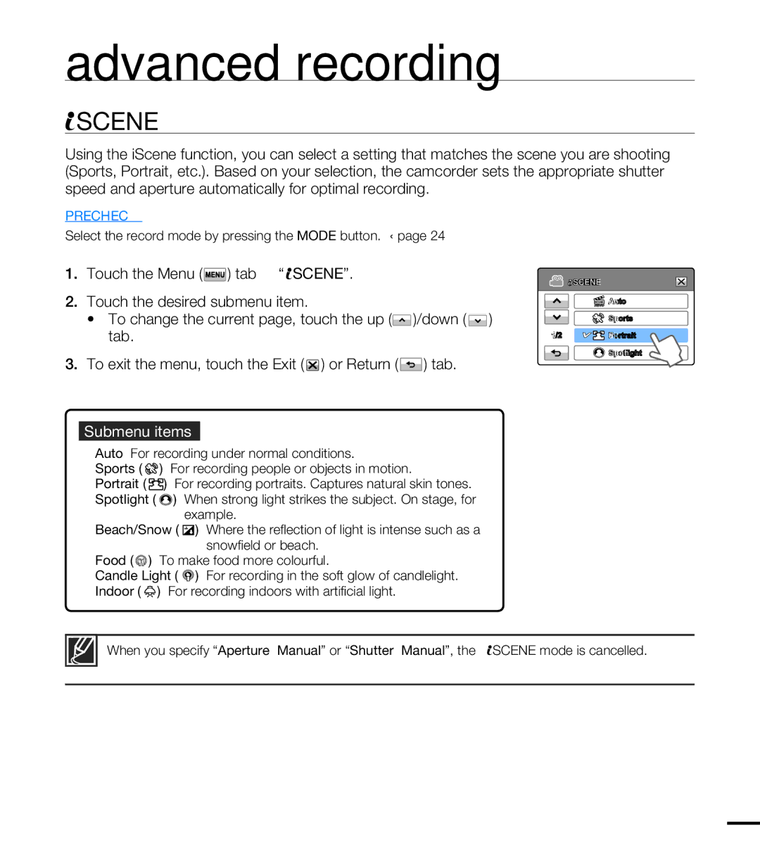 Samsung HMX-T10WP/XER, HMX-T10WP/EDC, HMX-T10OP/EDC, HMX-T10WP/XEU, HMX-T10BP/EDC Advanced recording, Scene, Submenu items 