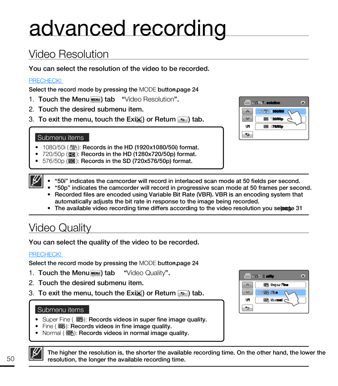 Samsung HMX-T10BP/XIL manual Video Resolution, Video Quality, You can select the resolution of the video to be recorded 