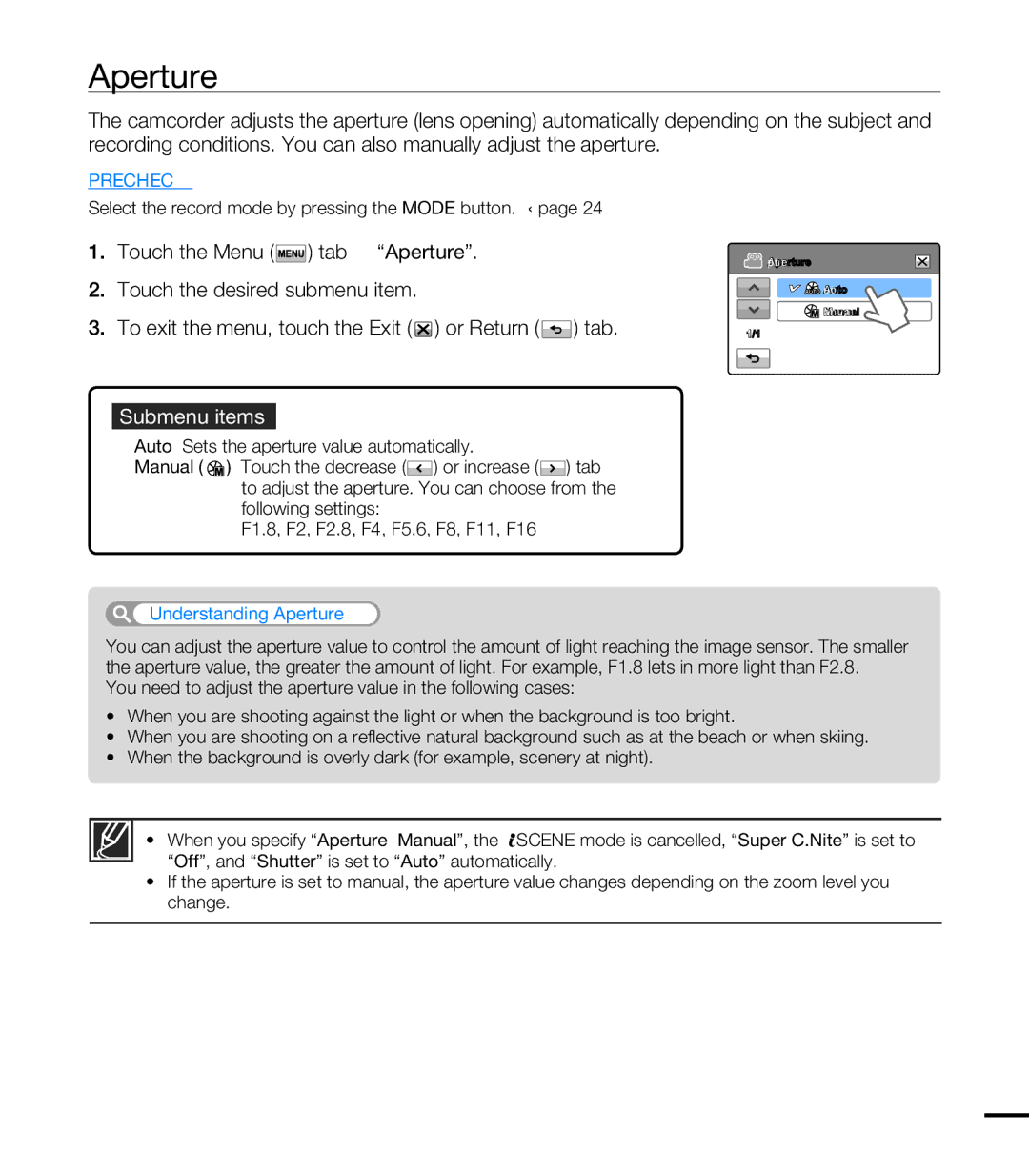 Samsung HMX-T10OP/XIL, HMX-T10WP/EDC, HMX-T10OP/EDC, HMX-T10WP/XEU, HMX-T10BP/EDC, HMX-T10BP/MEA Understanding Aperture 