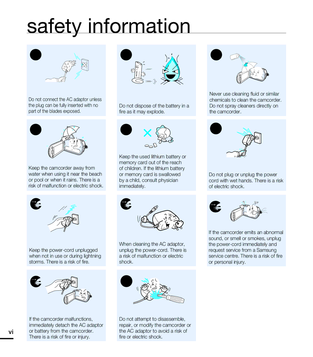 Samsung HMX-T10OP/XER, HMX-T10WP/EDC, HMX-T10OP/EDC, HMX-T10WP/XEU, HMX-T10BP/EDC, HMX-T10BP/MEA manual Safety information 