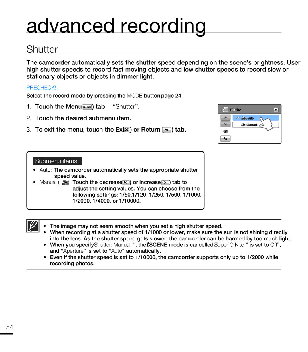 Samsung HMX-T10WP/EDC, HMX-T10OP/EDC, HMX-T10WP/XEU Shutter, Image may not seem smooth when you set a high shutter speed 