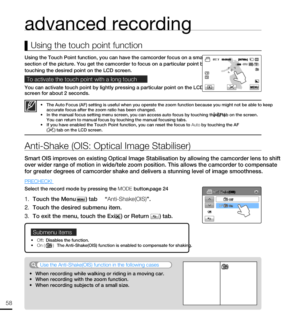 Samsung HMX-T10BP/MEA, HMX-T10WP/EDC, HMX-T10OP/EDC Anti-Shake OIS Optical Image Stabiliser, Using the touch point function 