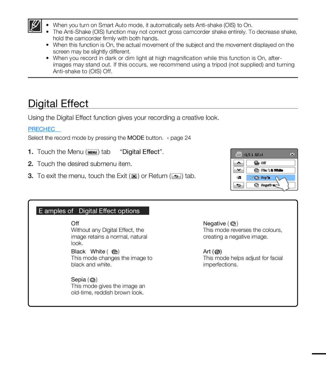 Samsung HMX-T10BP/XER, HMX-T10WP/EDC, HMX-T10OP/EDC, HMX-T10WP/XEU manual Examples of 5 Digital Effect options, Negative 