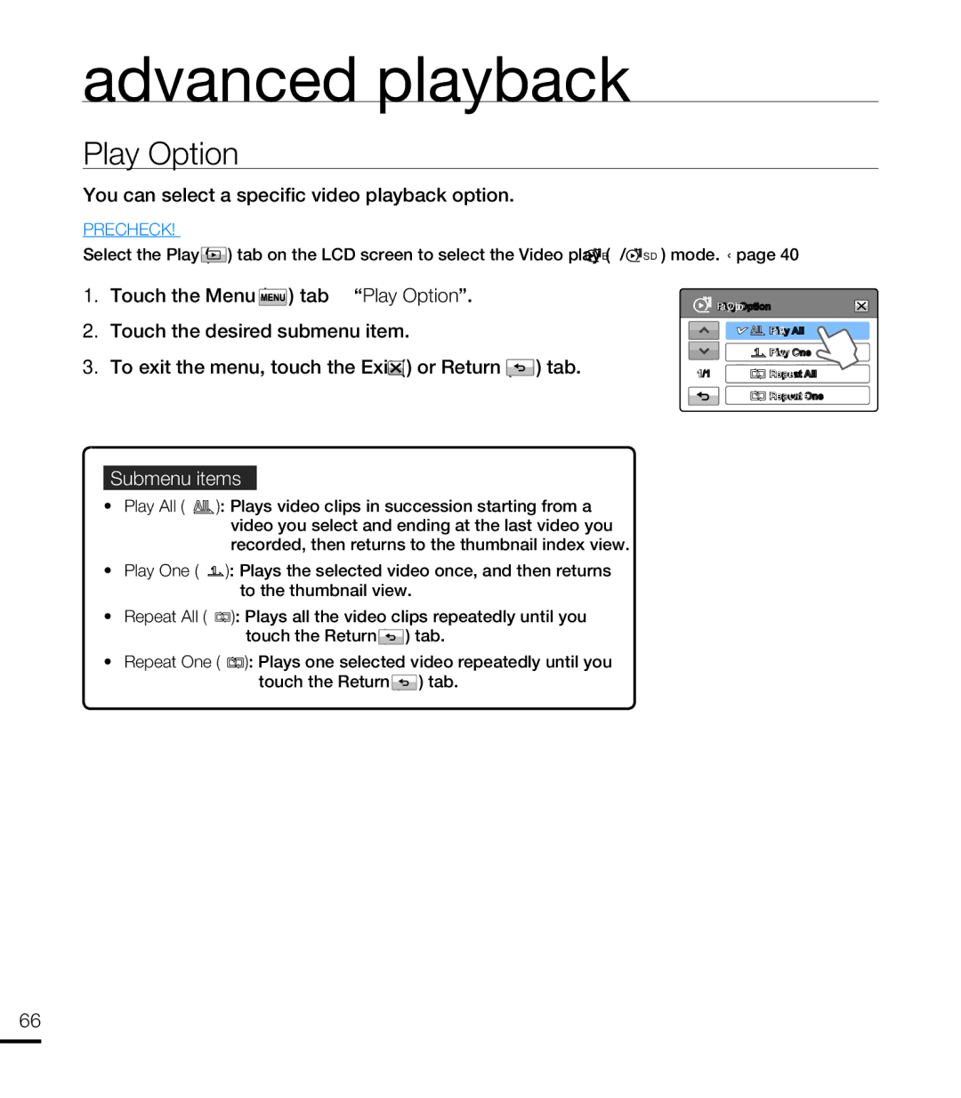 Samsung HMX-T10WP/EDC manual Advanced playback, Play Option, You can select a speciﬁc video playback option, SD mode. ¬page 